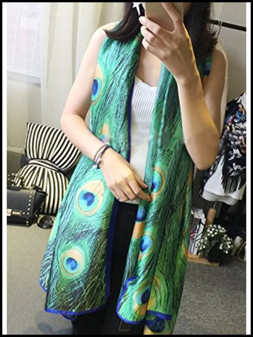 Silk-like Peacock Scarf Wrap Shawl Extra Long Pashmina Headscarf